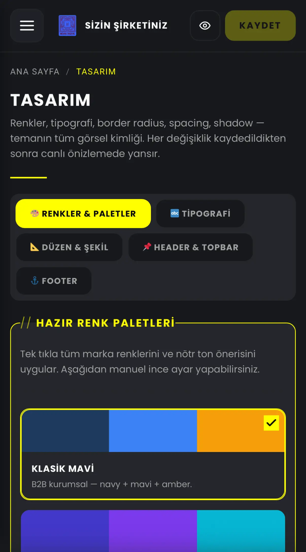 Mobile panel — koyu tema