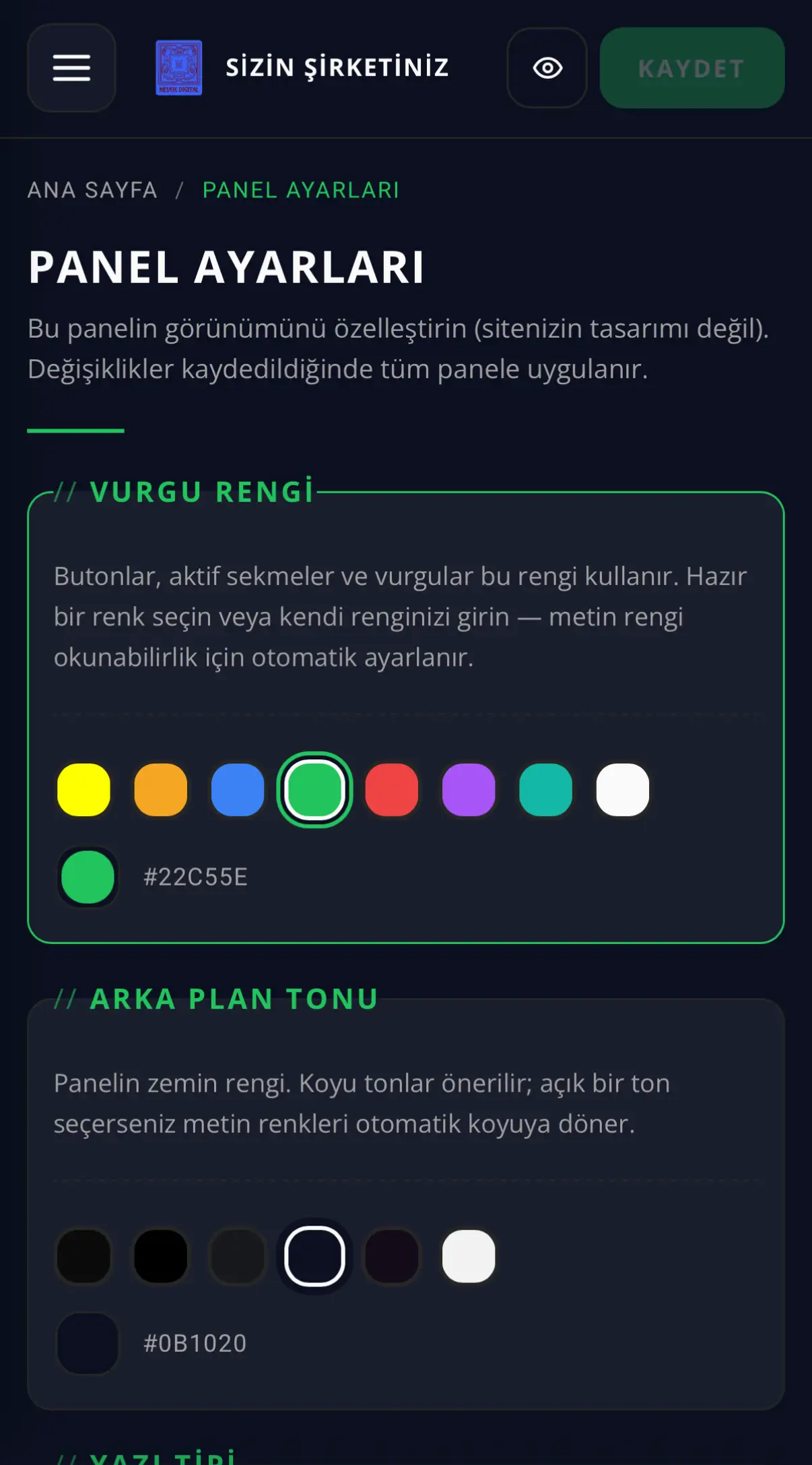 Mobile panel — koyu tema