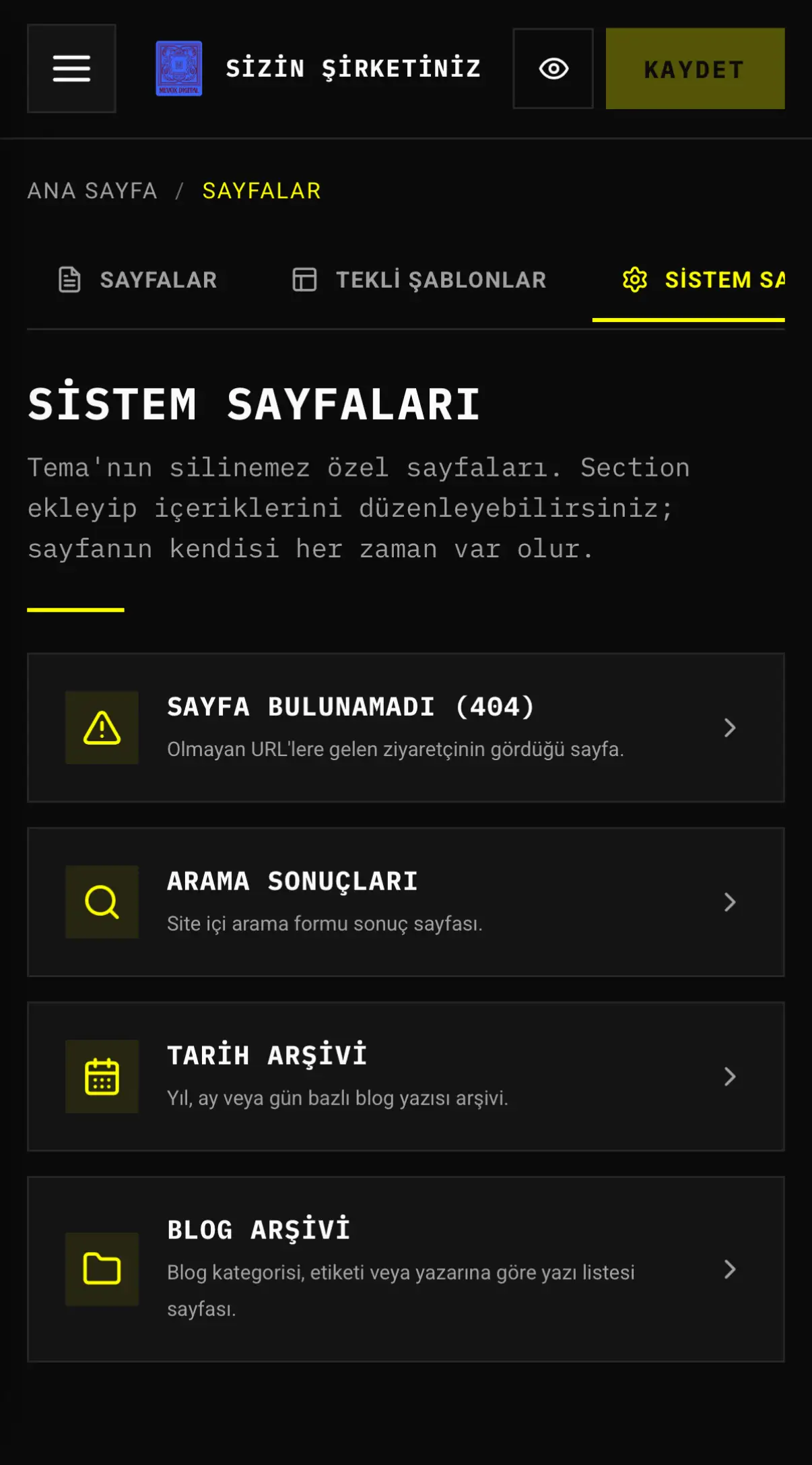 Mobile panel — koyu tema