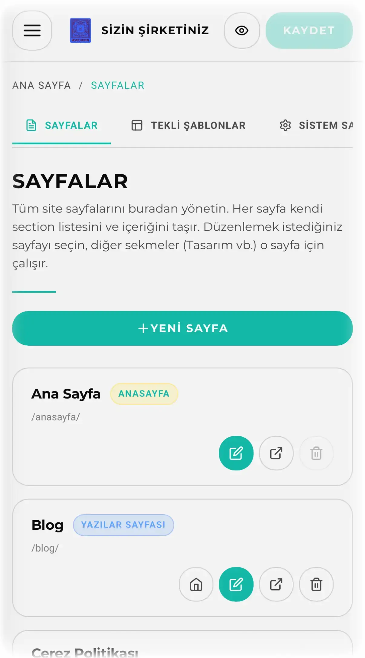 Mobile panel — açık tema