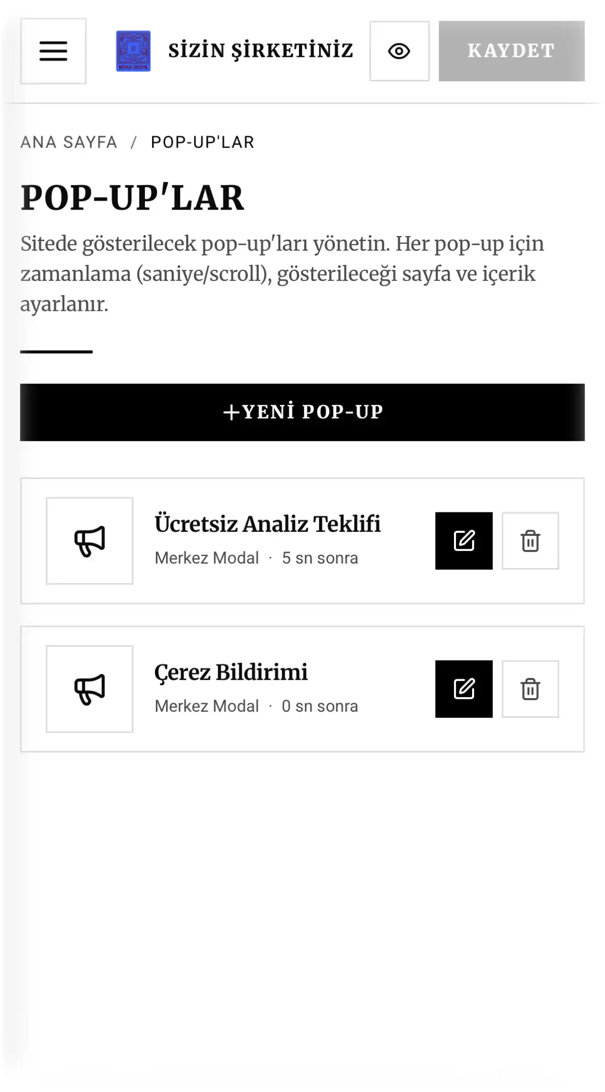 Mobile panel — açık tema